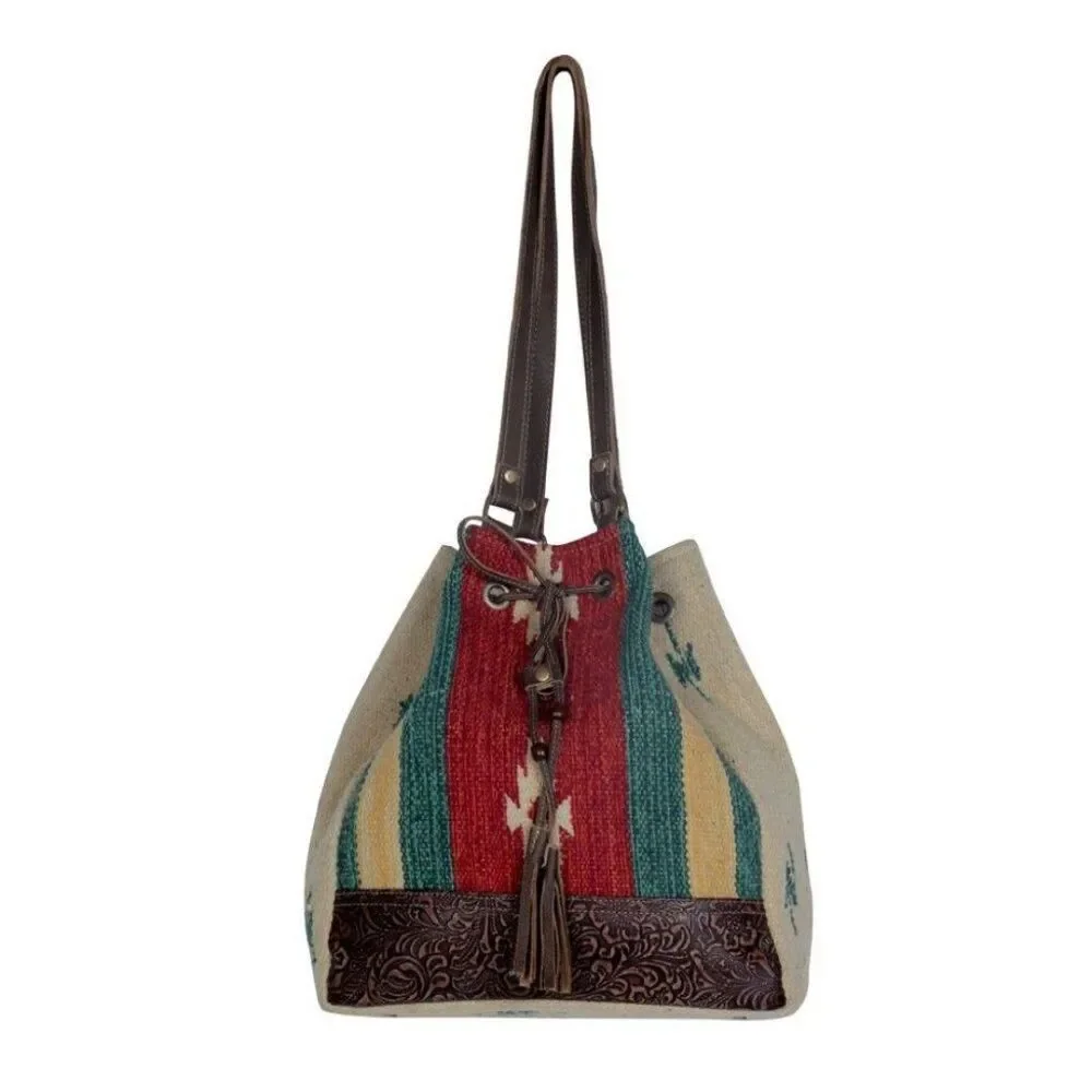 Myra Bag Handmade Radiant Bucket Bag Upcycled Canvas & Cowhide Leather